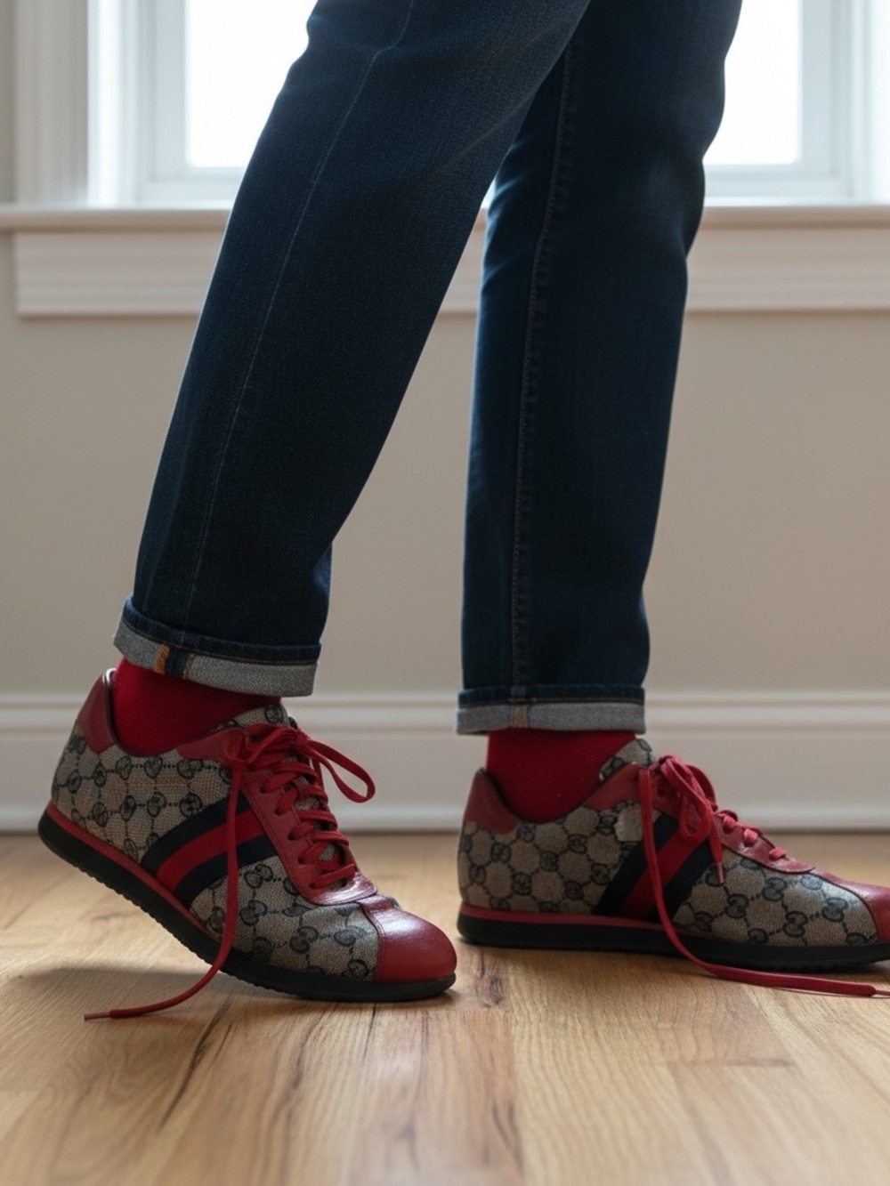 Gucci Red and Blue GG Monogram Men’s Lace-Up Sneakers - Picture 1 of 9
